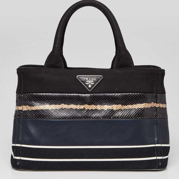 Prada Black/Blue/Beige Canapa Canvas/Leather/Snakeskin Small Tote Bag BG439 - Picture 1 of 12
